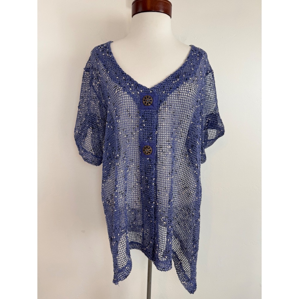 Open Knit‎ Crochet Sweater Top Blue Oversized Boho Coastal Beach Coverup OS
